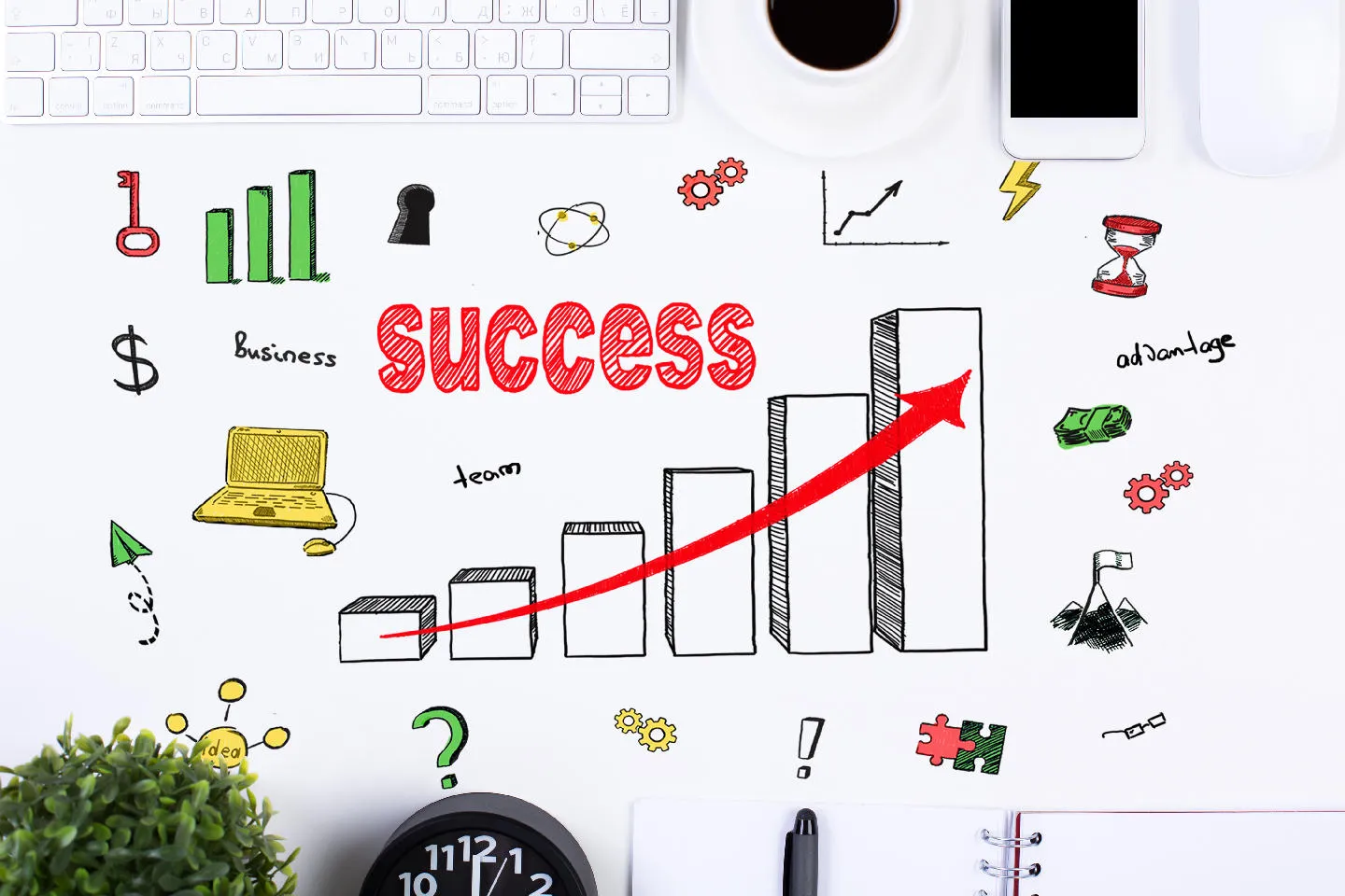 Sketch of "SUCCESS" with growth graph.